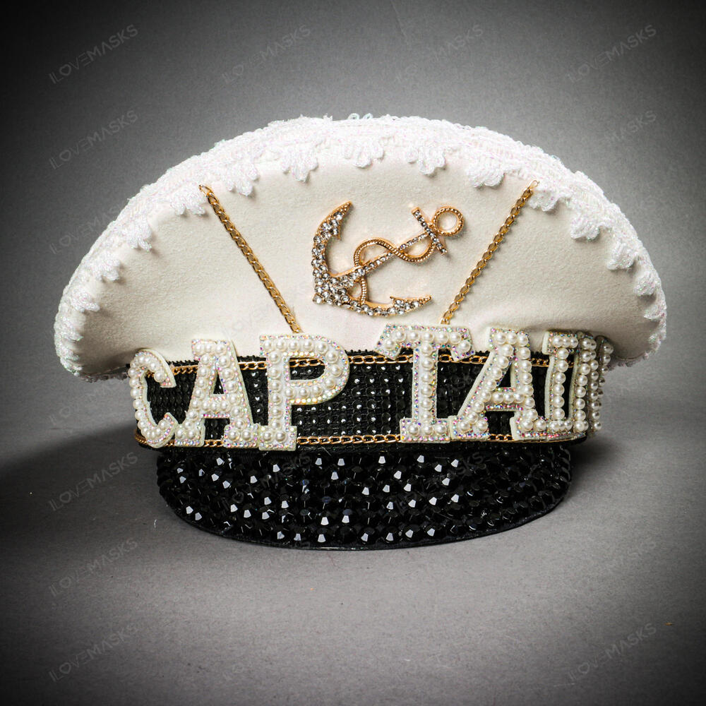 Captain Bling Rhinestone Sailor Hat White & Black Nautical Costume Cap - Picture 3 of 5